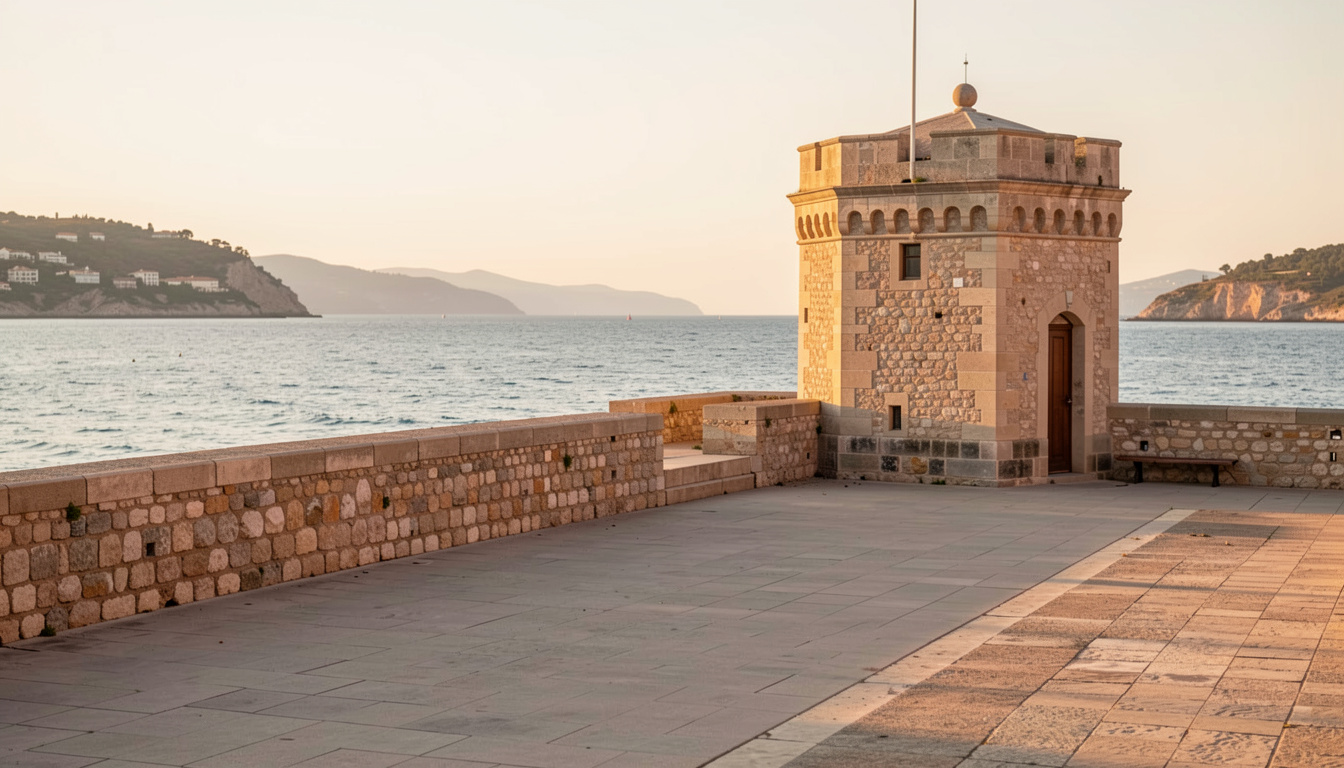A stone sea wall and watchtower in Alghero at golden hour, with the Mediterranean behind and a paved walkway in the foreground, shot from a low angle in warm side light.