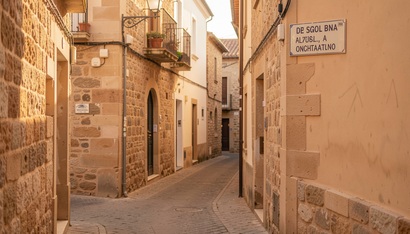 A narrow lane in Alghero old town at golden hour, honey-coloured stone walls, a bilingual street sign in Italian and Catalan, warm low light from the left, eye-level framing.