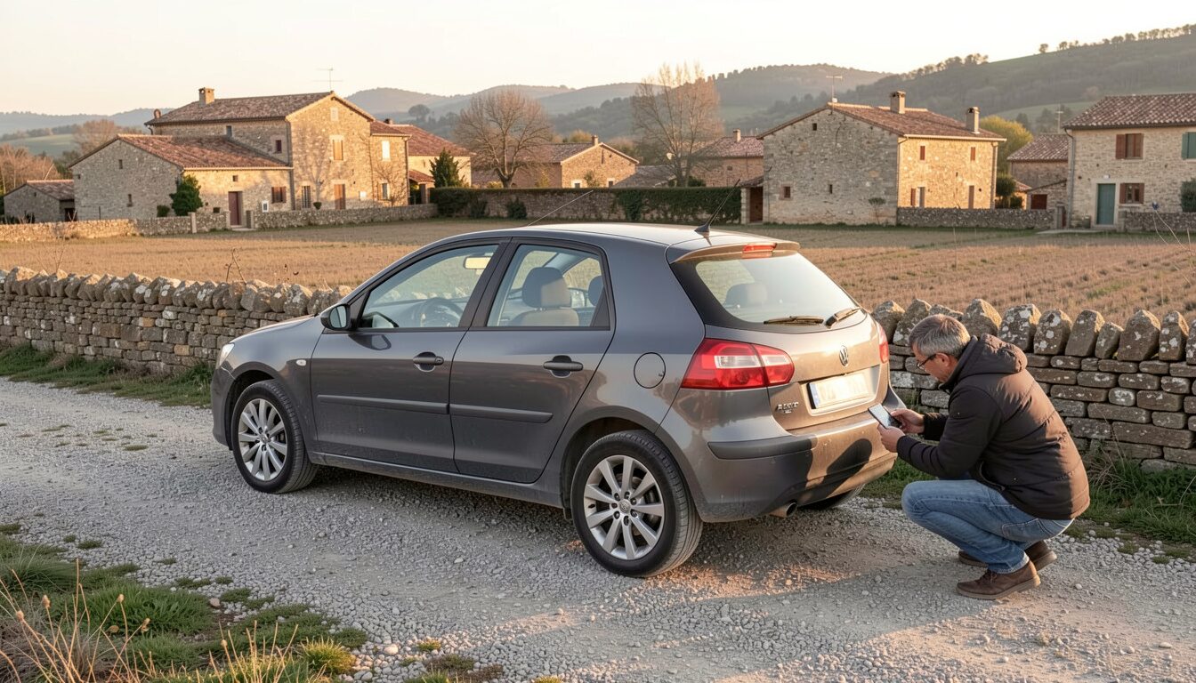 A traveller crouching beside a plain grey hatchback on a gravel verge by a dry stone wall in a Provence village, photographing the rear bumper with a phone