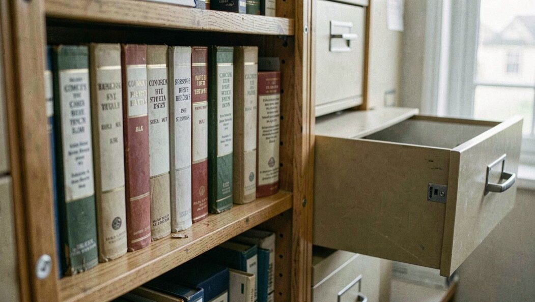 Bound record volumes on a wooden shelf in a county office beside a half open filing drawer