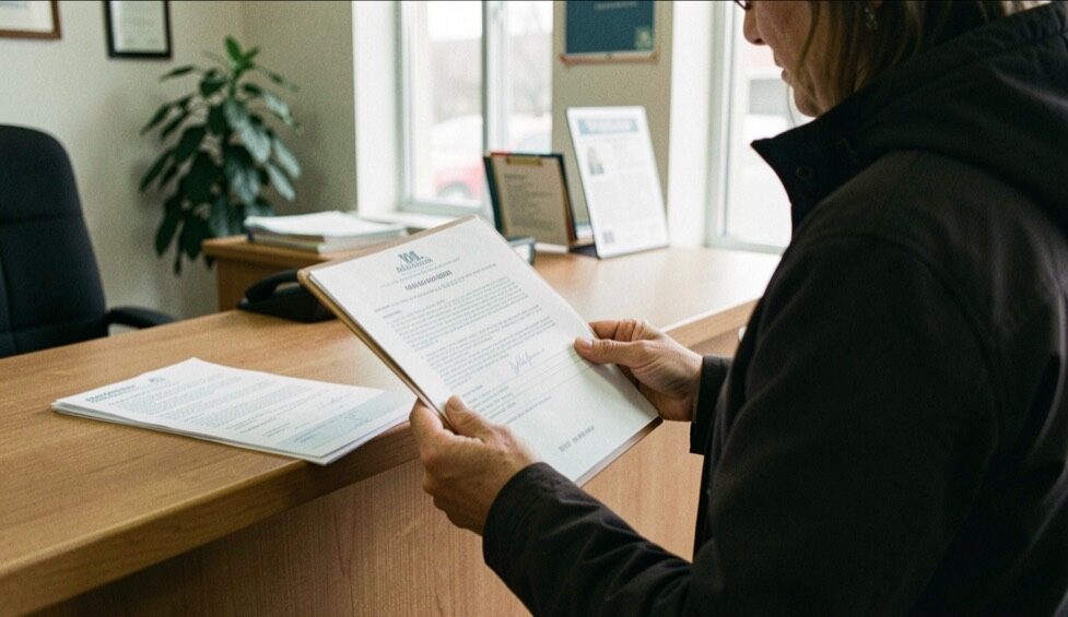 A quiet public office counter with a resident holding a folder of papers and a queue ticket