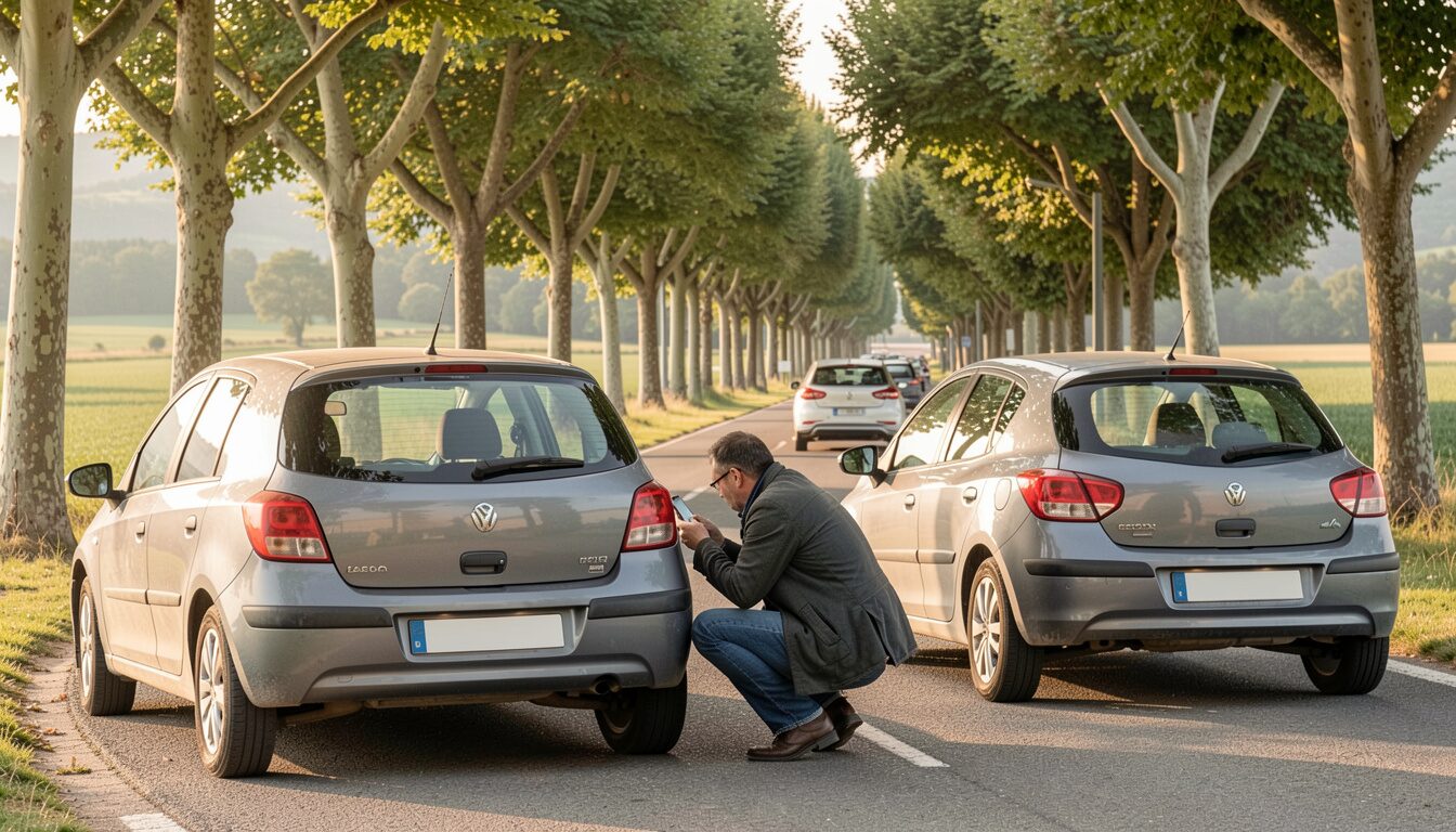 A driver crouching on a quiet plane-tree lined road in southern France to photograph the rear bumper of a grey hatchback stopped in front of another car