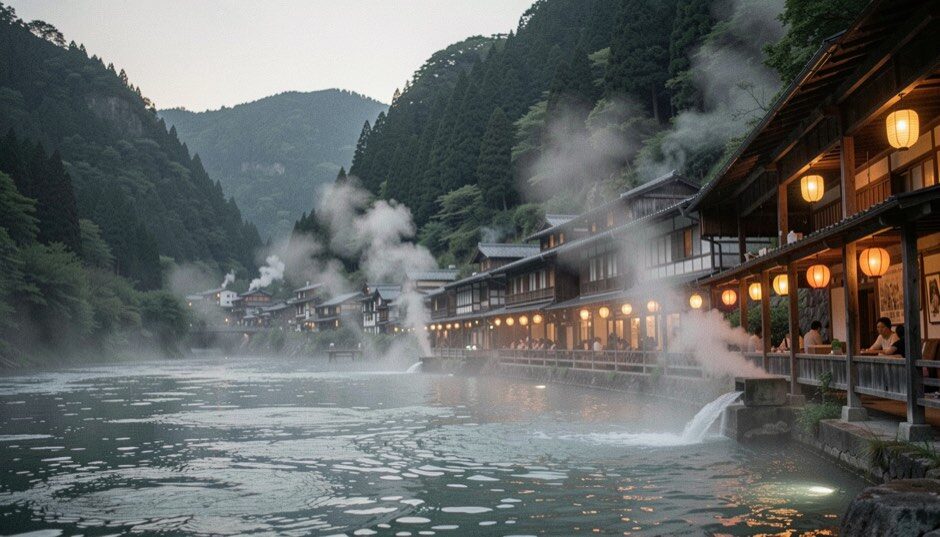 Steam rising from a riverside bath town below forested gorge slopes at dusk, lanterns lit under the eaves