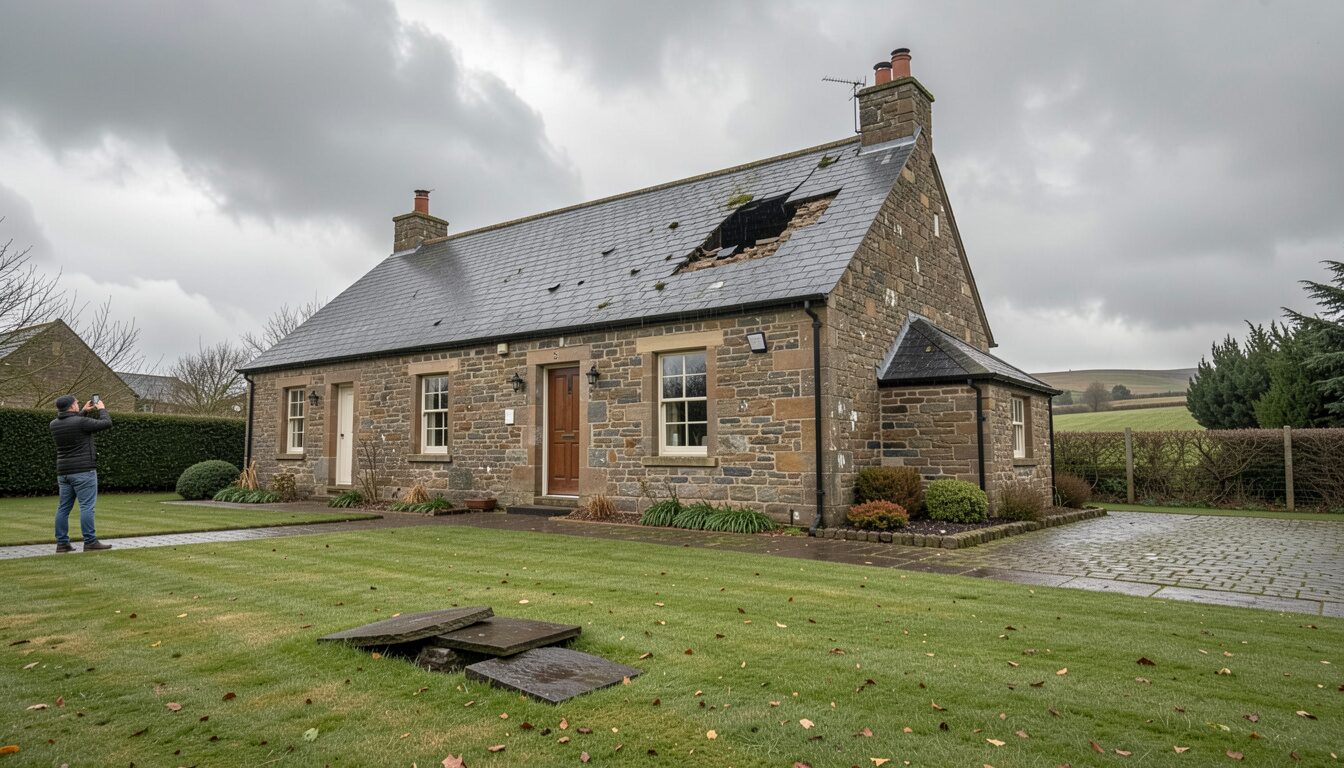 A person on a wet lawn photographing a gap in the grey slate roof of a stone house after a gale, fallen slates lying on the grass below