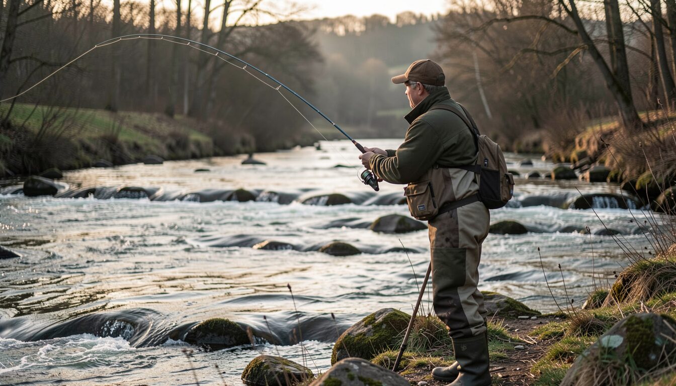 A fishing reel, a spool of line, a wader boot and grease laid out on a dry wooden bench